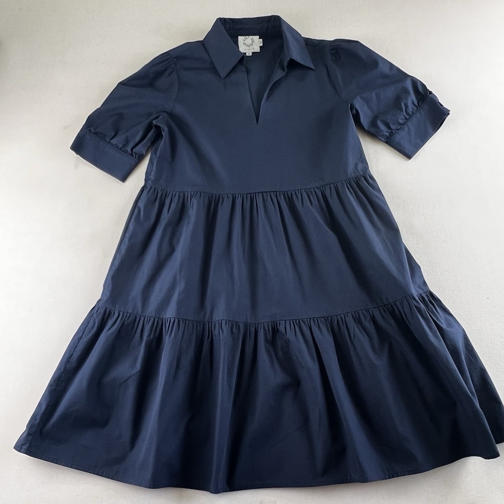 Lili Sidonio Navy Blue Tiered Cotton Poplin Mini Dress V-Neck Short Sleeve S